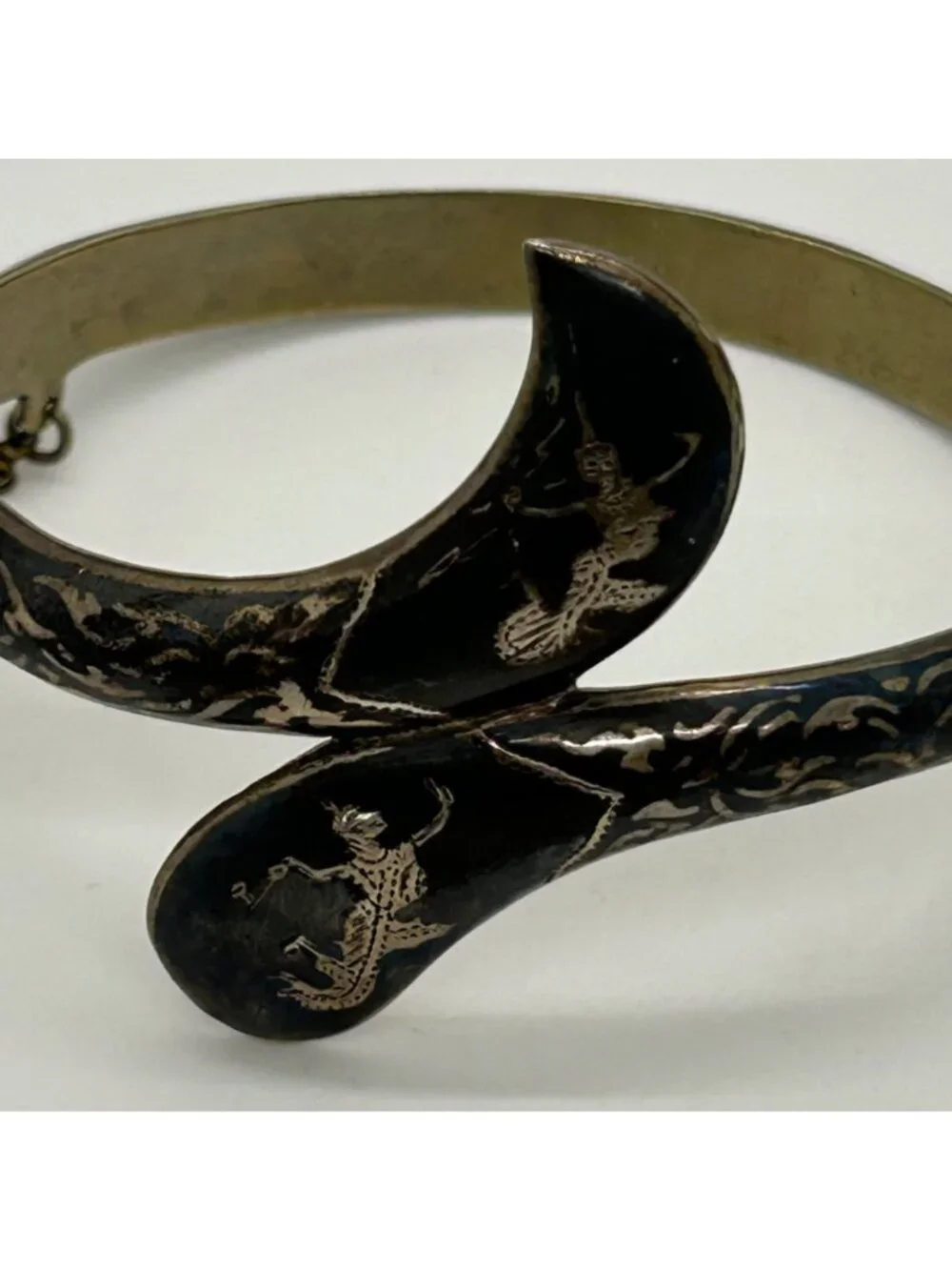 Vintage Siam Niello Bangle Bracelet Thai Black Enamel Hinged Chain Closure